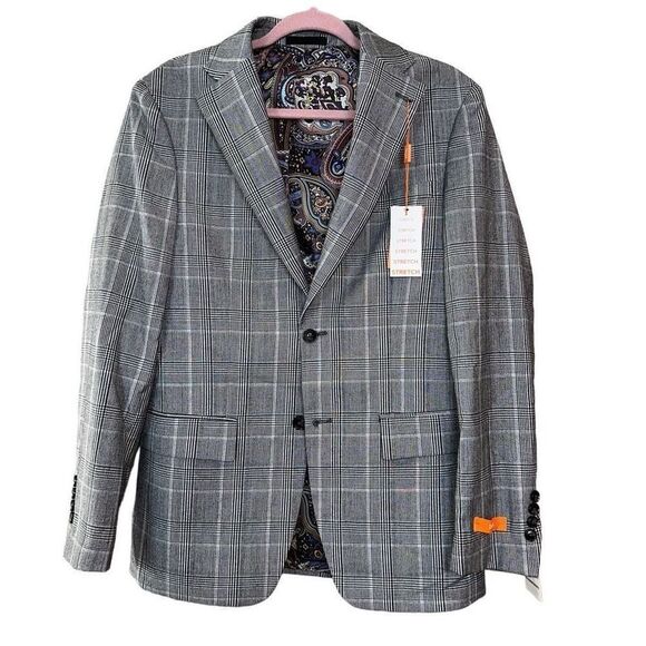 Tallia Men's Gray Plaid Slim-Fit Long-Sleeve Button-Front Suit Jacket Size 36R N - Picture 8 of 8